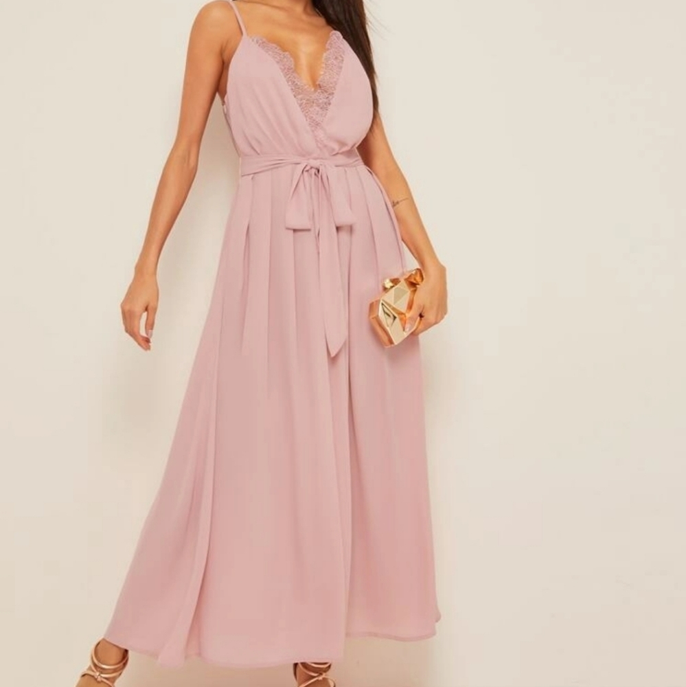 Shein Pink Lace Flowy Long Ankle Length Maxi Dress